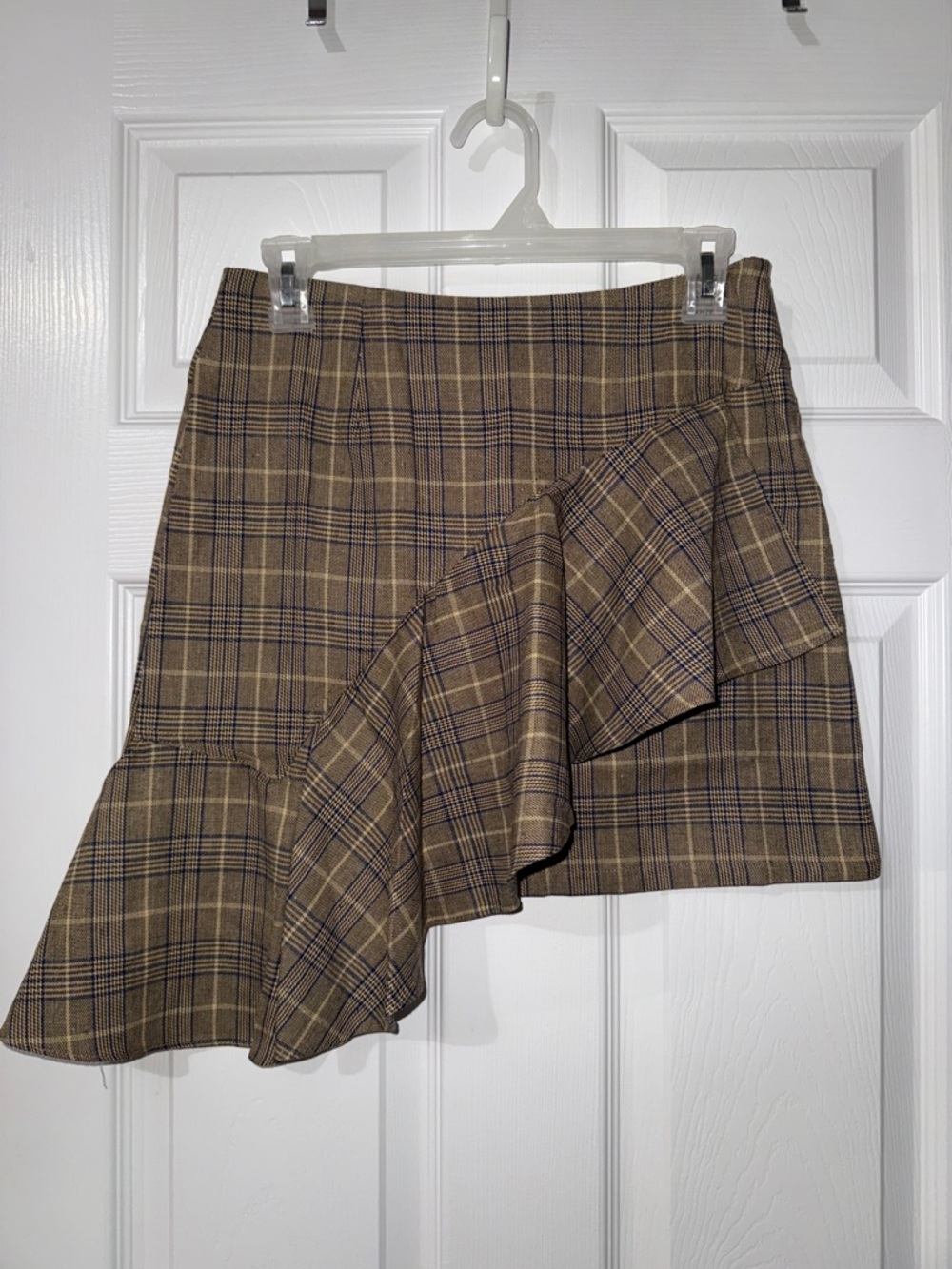Hayden Brown Plaid Asymmetrical Ruffle Mini Skirt